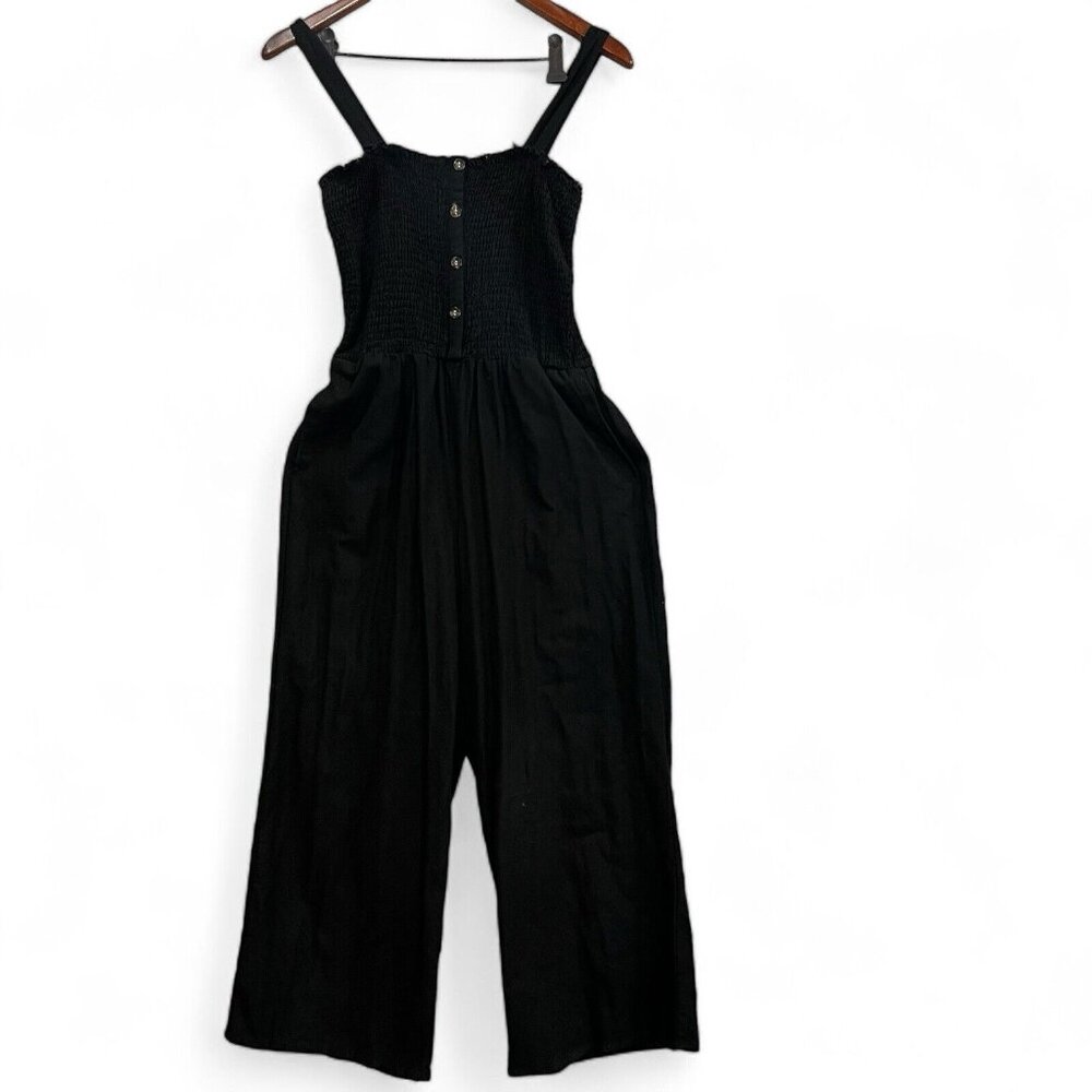 Aeropostale Jumpsuit Womens Size L Black Button Front Smocked Sleeveless